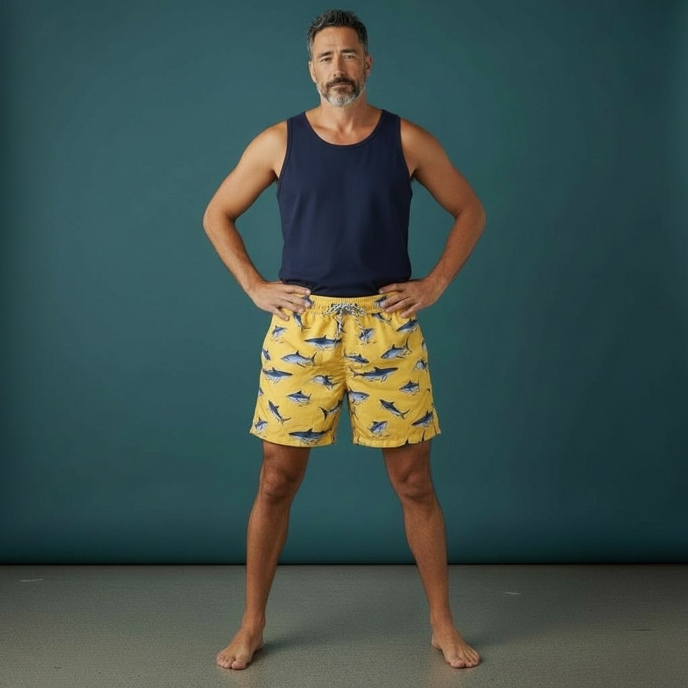 Snapper‎ Rock Mens Yellow Shark Print Swim Trunks Shorts Size L
